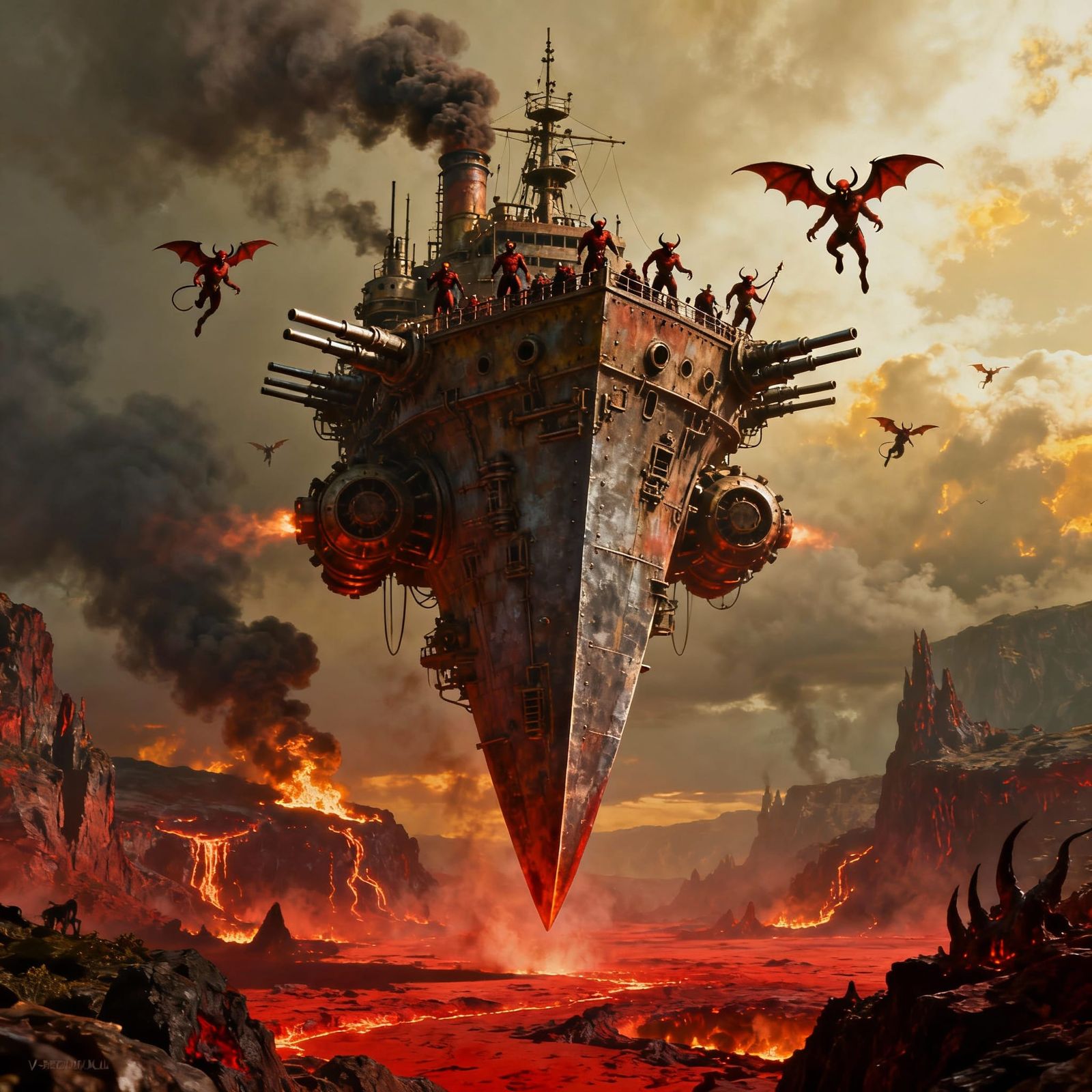 Dieselpunk Flying Blade Fortress Over Hellscape