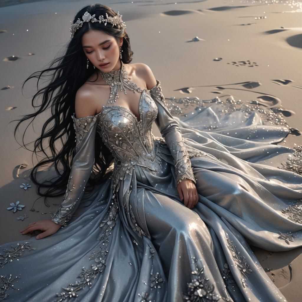 Girl in Silver Gown on Ethereal Beach