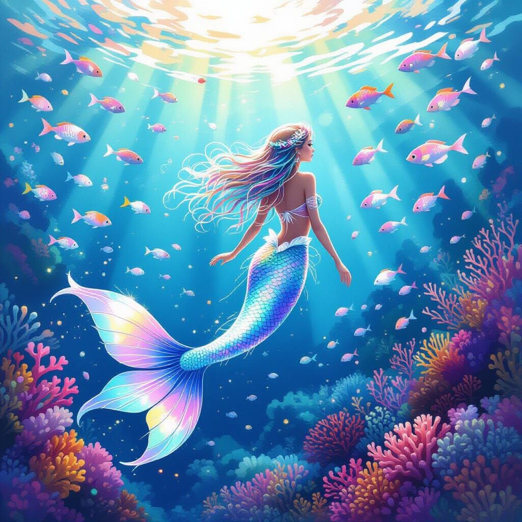 Bioluminescent Mermaid in Surreal Watercolor Coral Reef