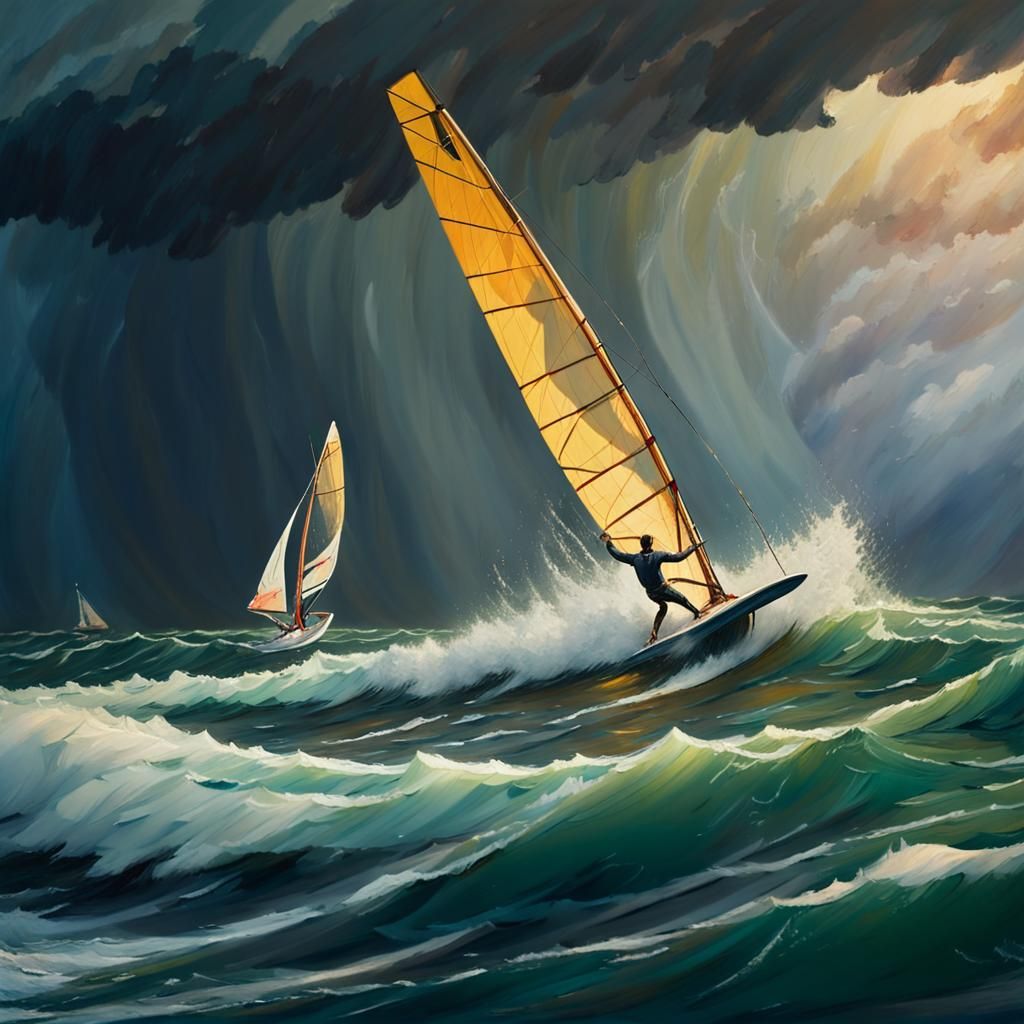 Windsurfer Overtaking Sailboat: Dynamic Action Painting