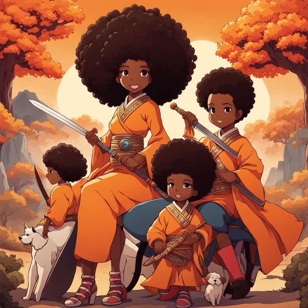 Afro-Centric Princess Riding Poodle: Anime-Style Drawing