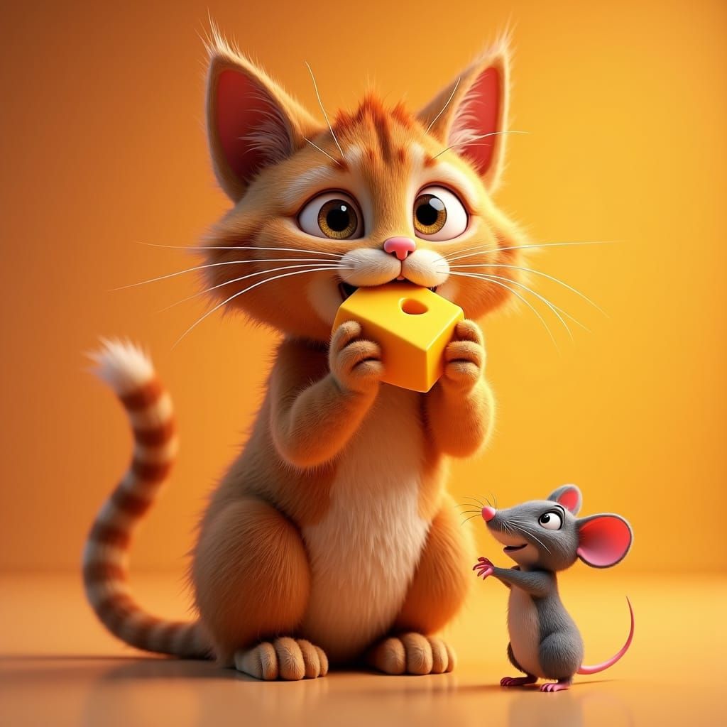 Ginger Tabby Cat and Mouse in 3D Style