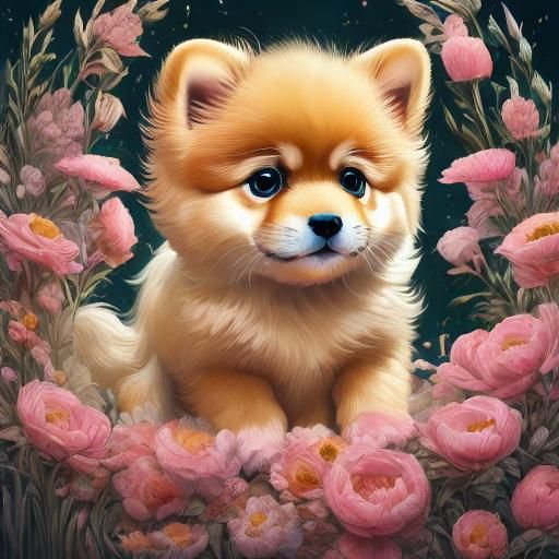 Cream Ginger Pomeranian Puppy: Detailed Matte Painting