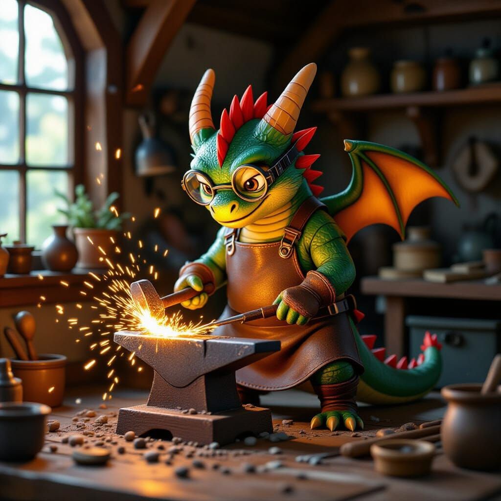 Dragon Blacksmith in Whimsical Ghibli Style Workshop