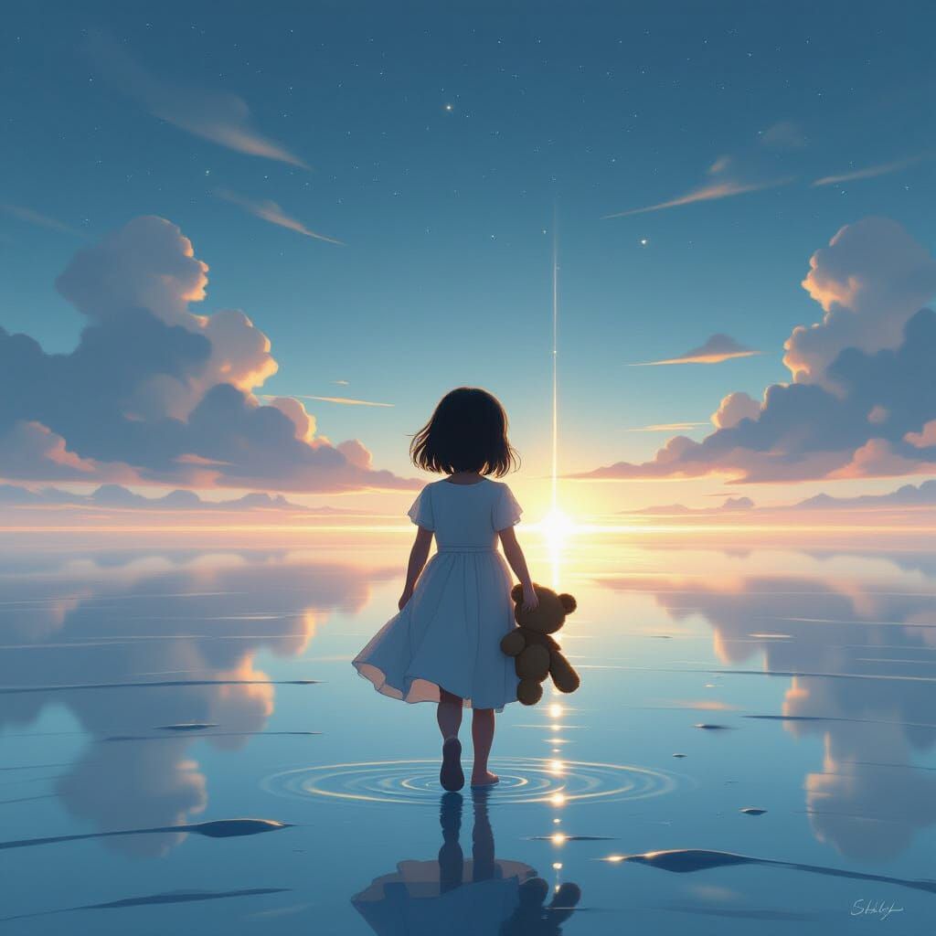 Girl Enters Endless Expanse with Teddy Bear
