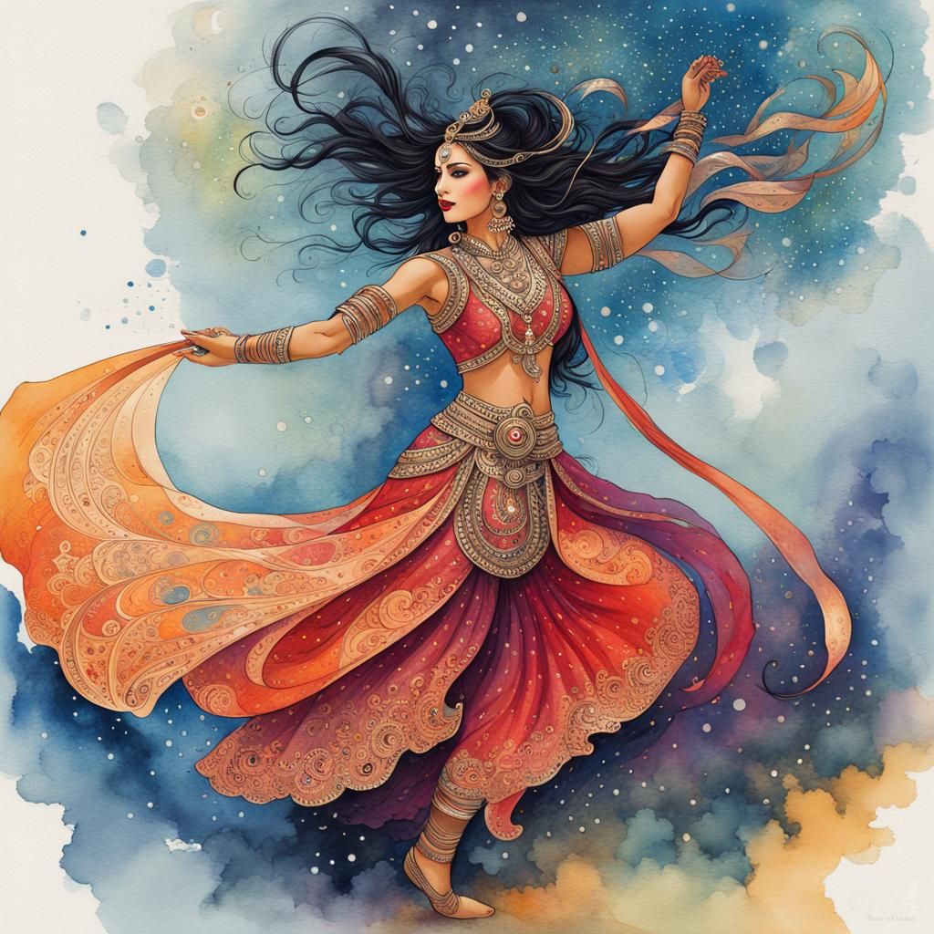 Dancing Indian Warrior in Moonlight: Watercolor Art