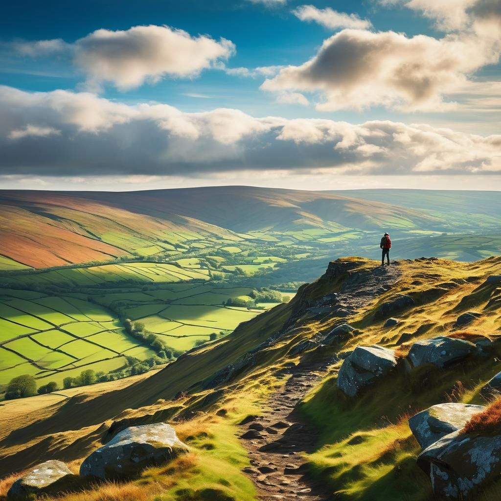 Sunny North Pennines Landscape with Lone Hiker