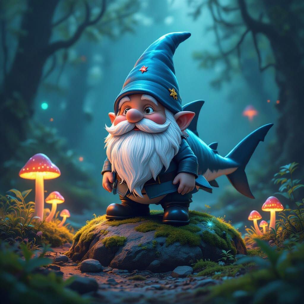 Whimsical Shark Gnome in Mystical Forest