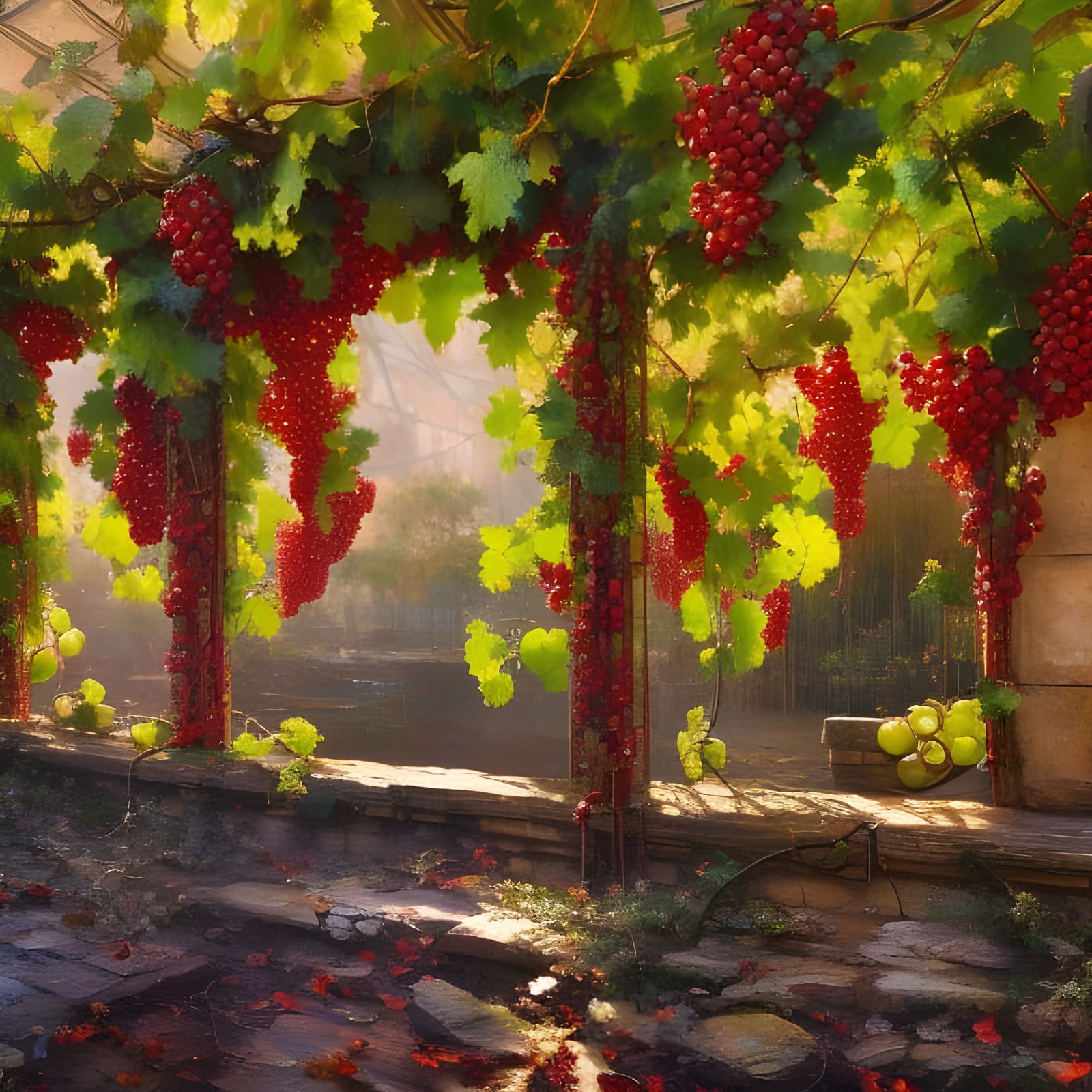 Red and White Grapes on Vine, Detailed Digital Art