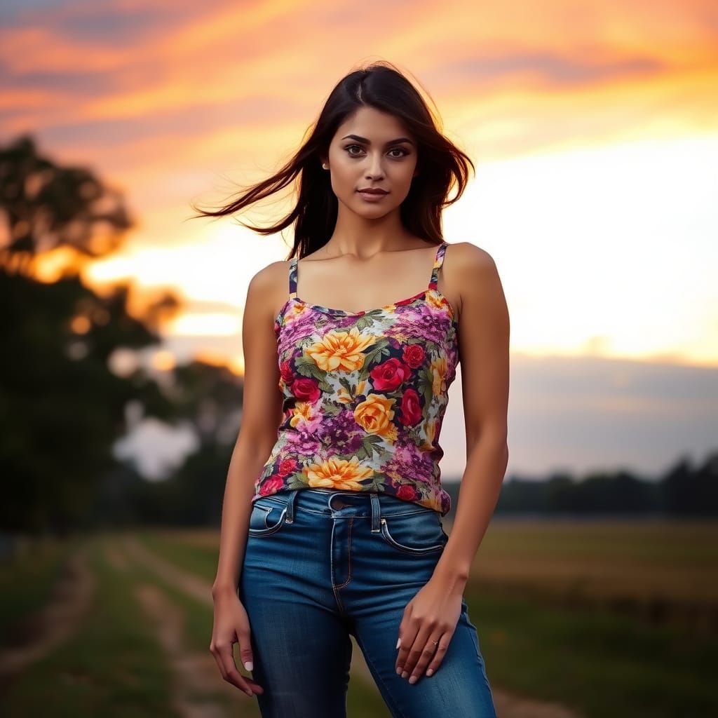 Woman in Colorful Top at Sunset