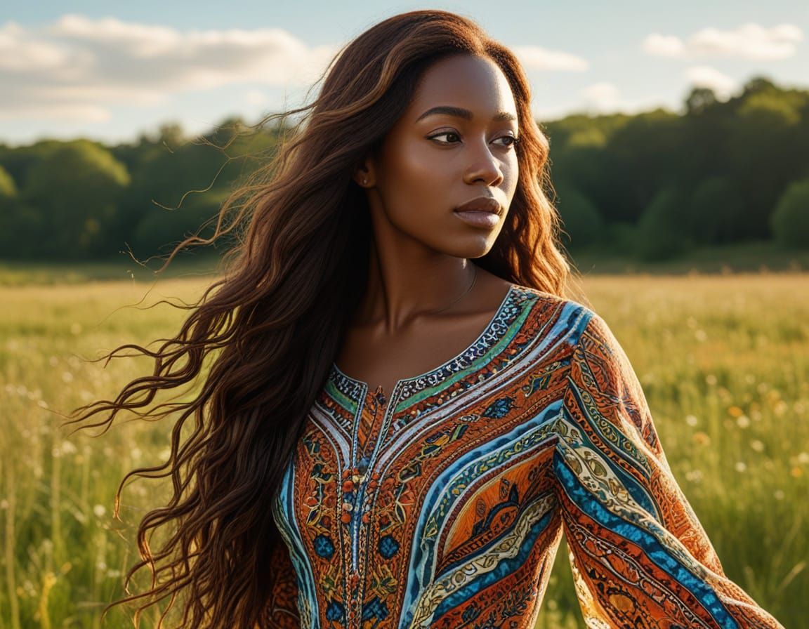 Beautiful Woman in Sunlit Meadow: Photorealistic Portrait