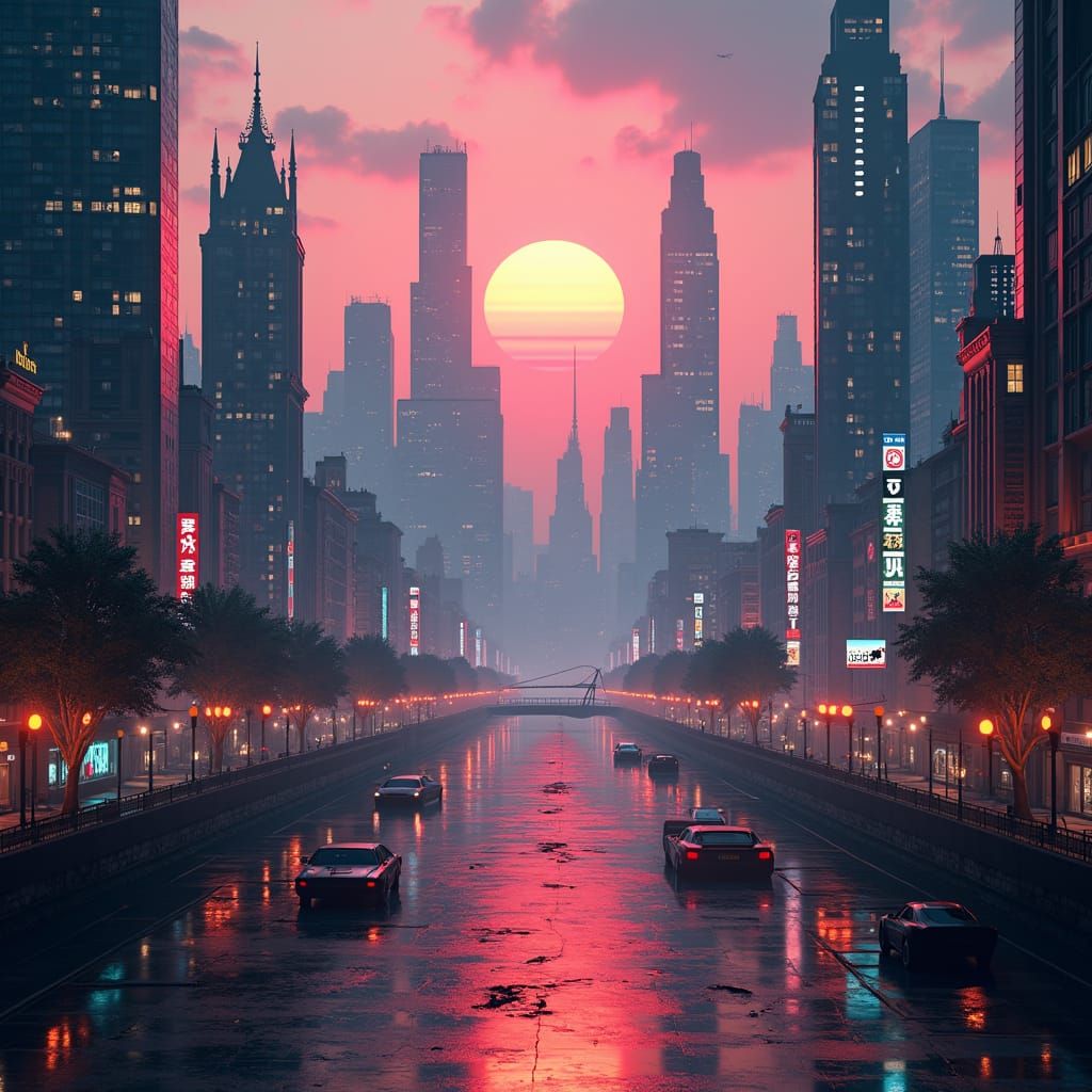 Dazzling Decopunk Cityscape at Dusk in 8K