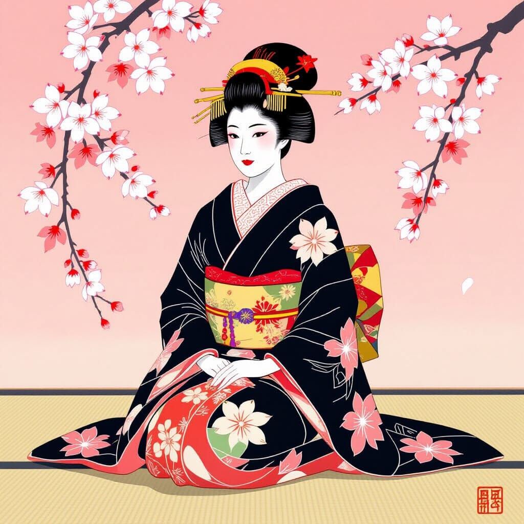 Geisha with Rice Bowl in Cherry Blossom Setting