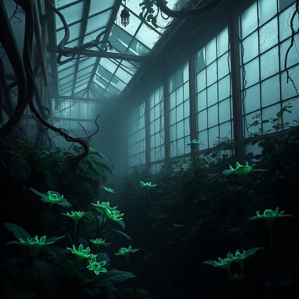 Overgrown Greenhouse with Bioluminescent Fungi