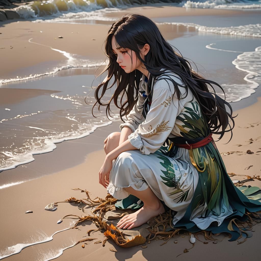 Anime Woman Kneeling on Beach in 3D Art