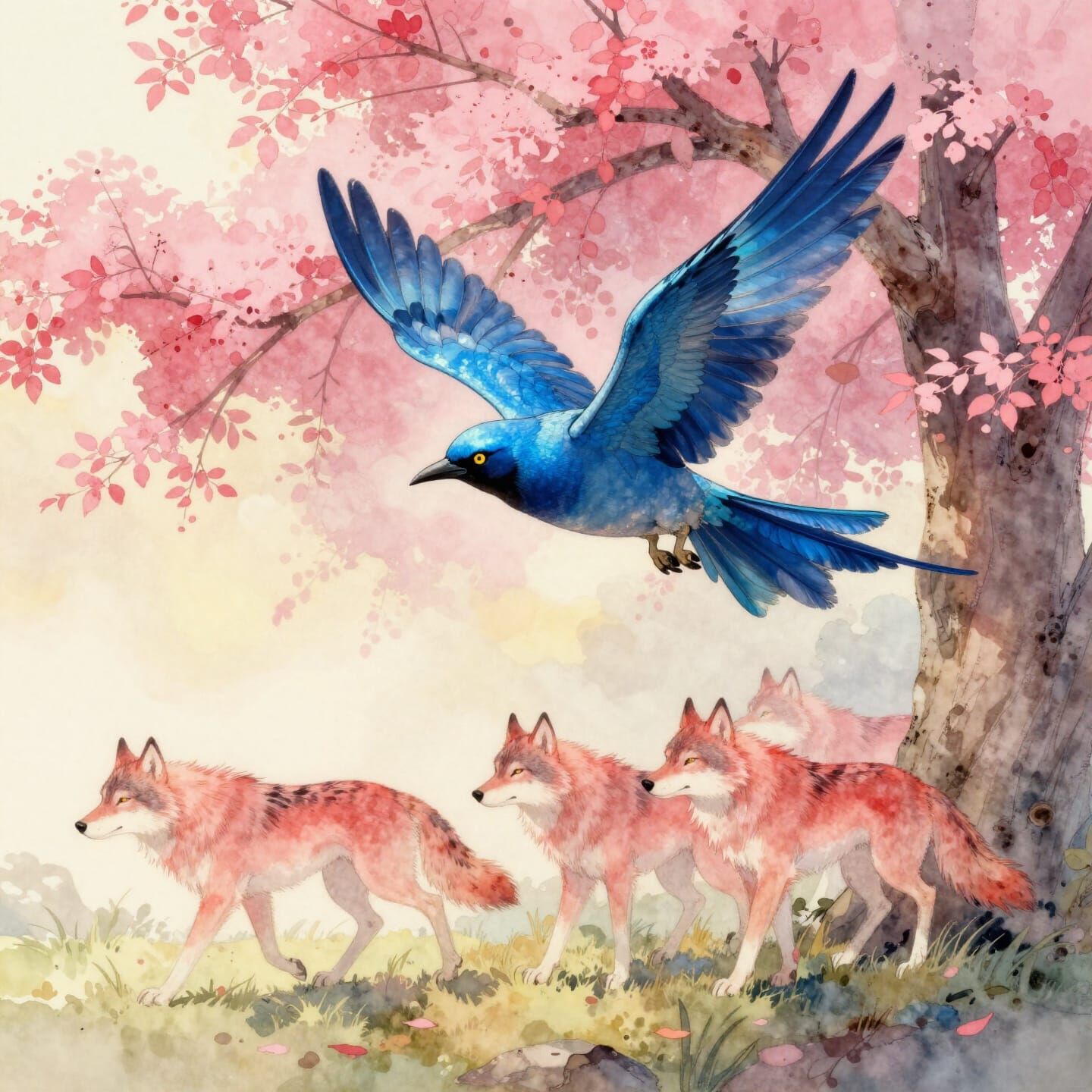 Silky Blue Bird Soars Near Pink Leaf Tree With Red Wolves