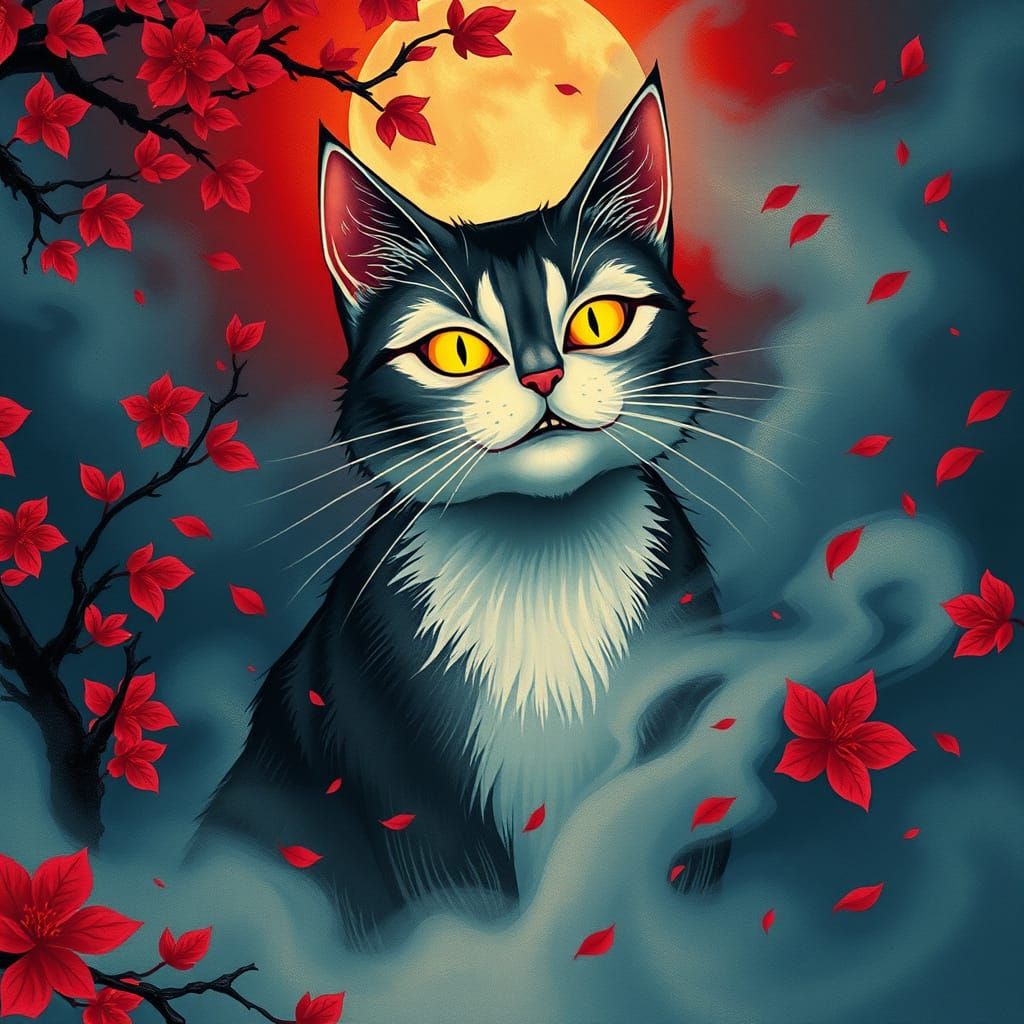 Mystical Bakeneko Cat in Traditional Japanese Ukiyo-e Style