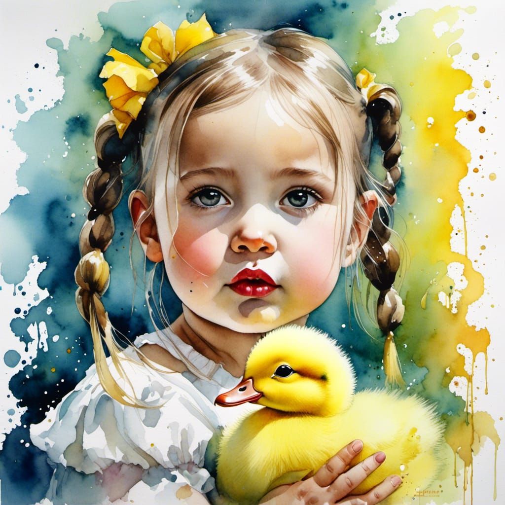 Girl with Duckling: Bold Brushstrokes and Surrealism
