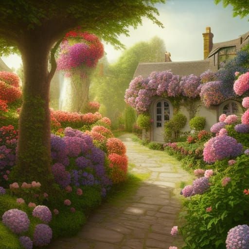 English Cottage Garden with Roses in Matte Painting