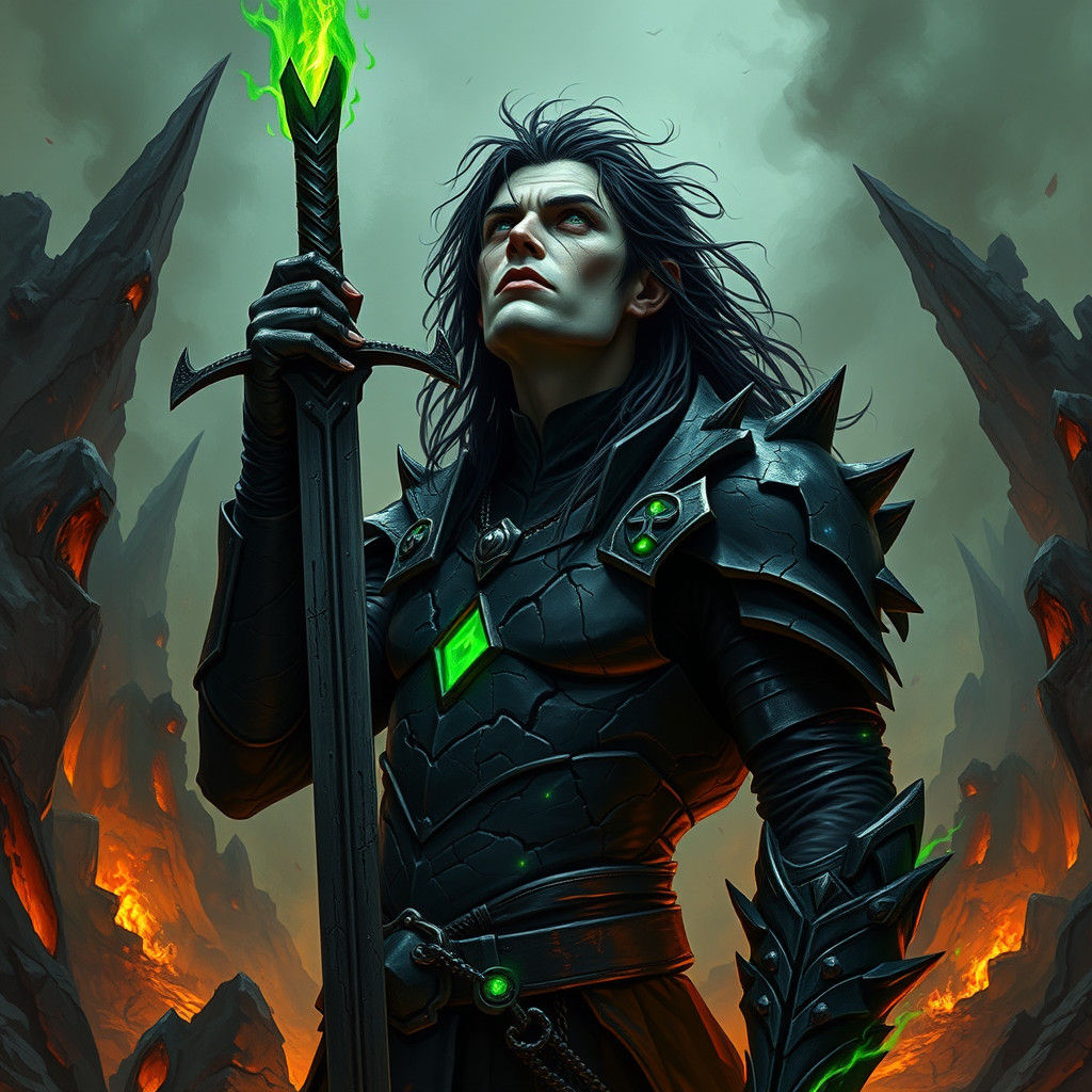 Dark Cultist in Gothic, Hellish Landscape with Green Flames