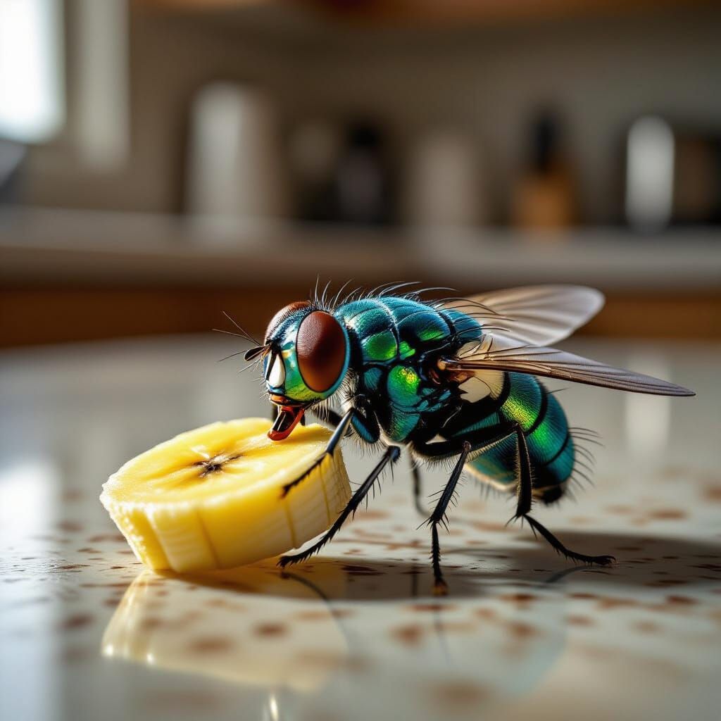 Macro Photo of Fly Eating Banana on Kitchen Counter