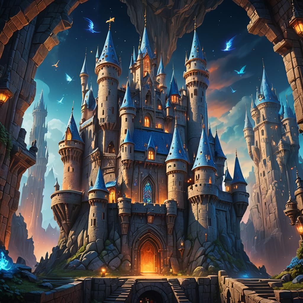 Majestic Flying Castle with Rockstars: Digital Art
