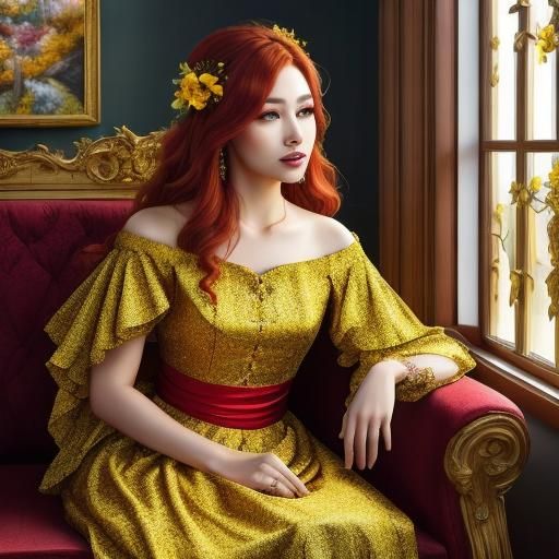 <lora:BeautyFace:1.0> Half body portrait of pretty woman, red wavy hair, flower in hair, yellow dress with lace, ruflles...