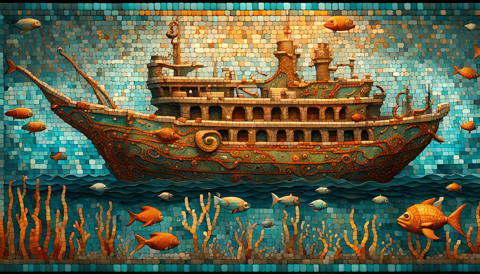 Minoan Mosaic of Underwater Shipwreck Scene