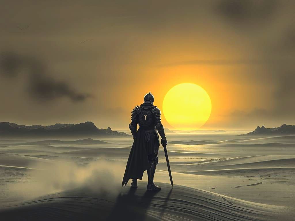 Knight in Retro-Futuristic Armor Under Binary Sunset