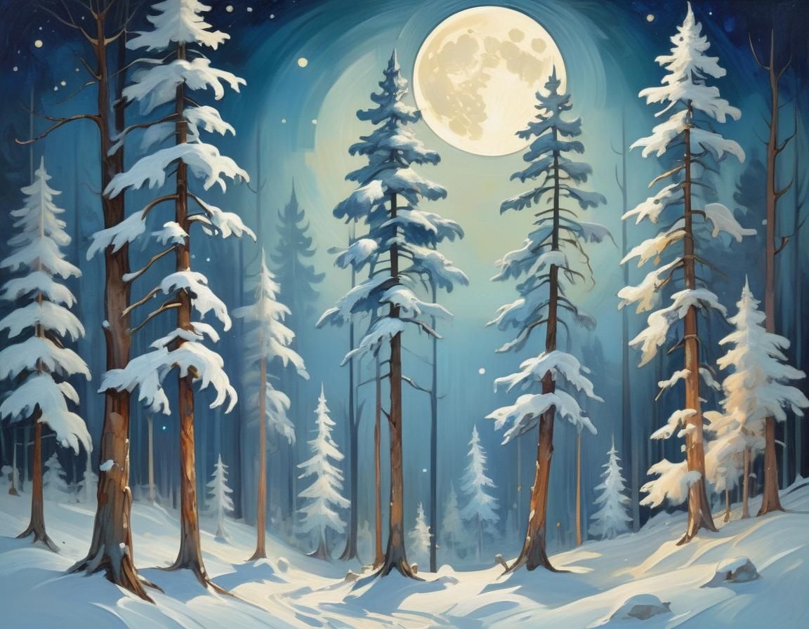 Ethereal Winter Forest in Impressionist Art Nouveau Style