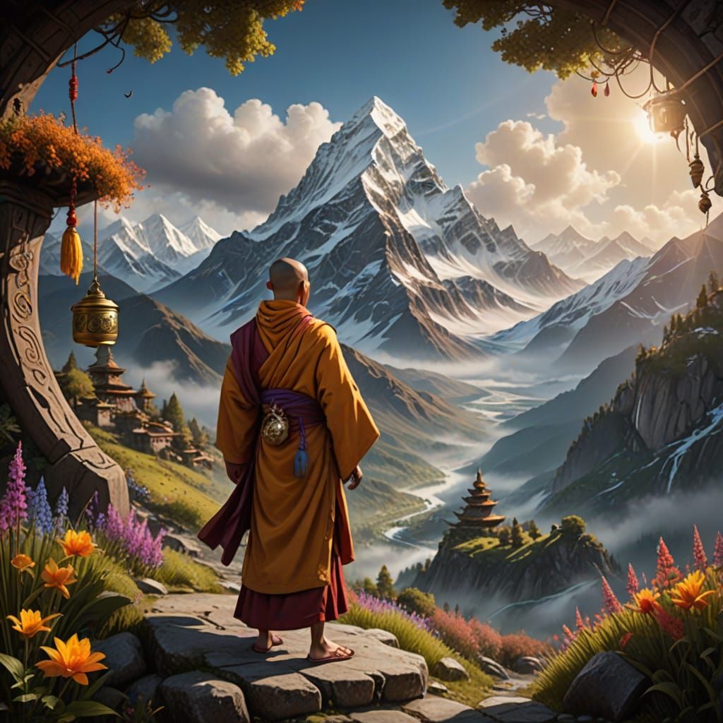 Tibetan Monk in Serene Mountain Landscape