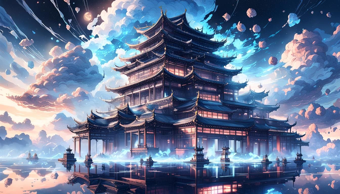 asia dynasty-style, a translucent cube traps eerie clouds, t...