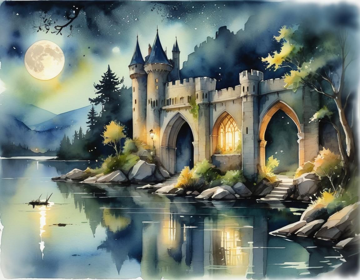 Elven Lakeside Fortification in Watercolor Twilight