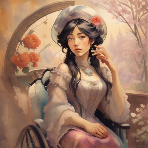 Elegant Woman in Art Nouveau Style with Turquoise Jewelry an...