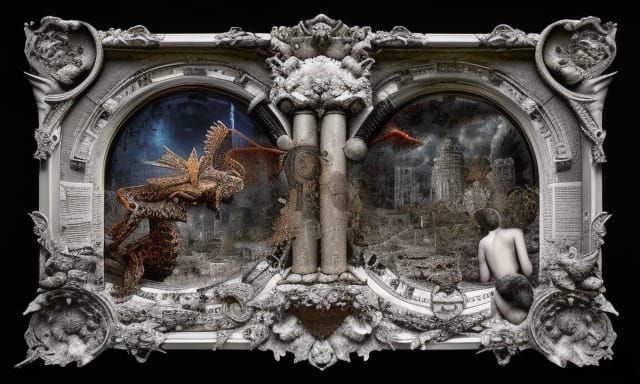 Intricate Mixed Media Assemblage in Doré Style