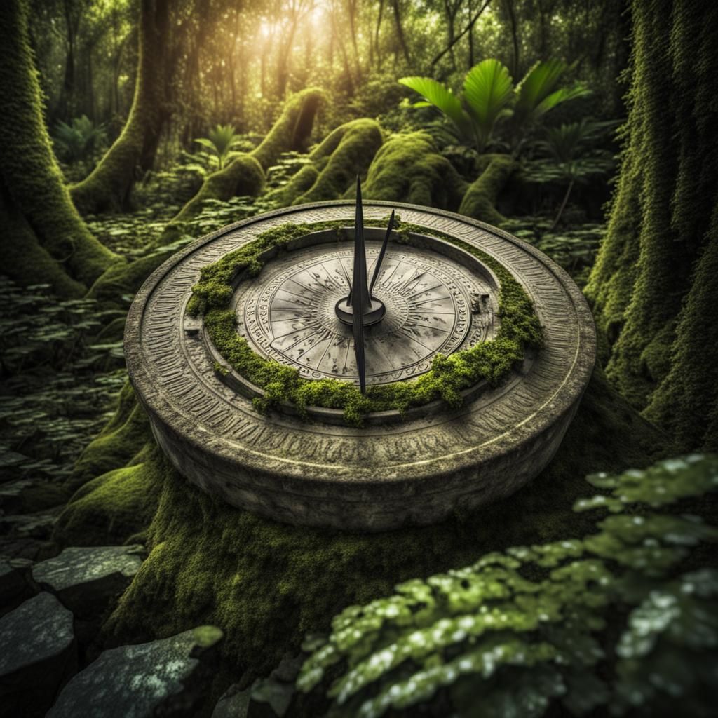 Ancient Jungle Sundial with Moss and Vines