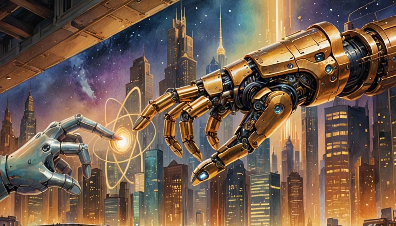 Robotic Arm Touches Human Finger in Painterly Art