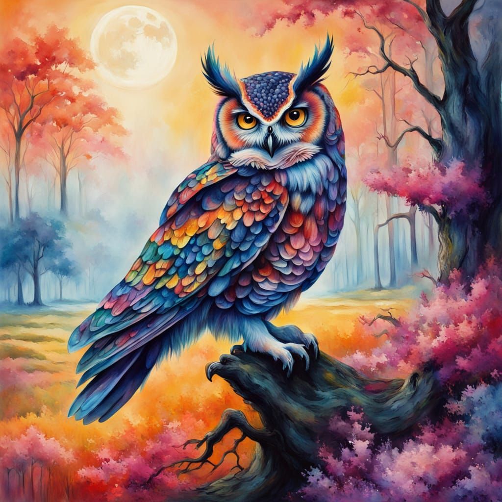 Whimsical Owl on Enchanted Tree in Surreal Oil Painting Styl...