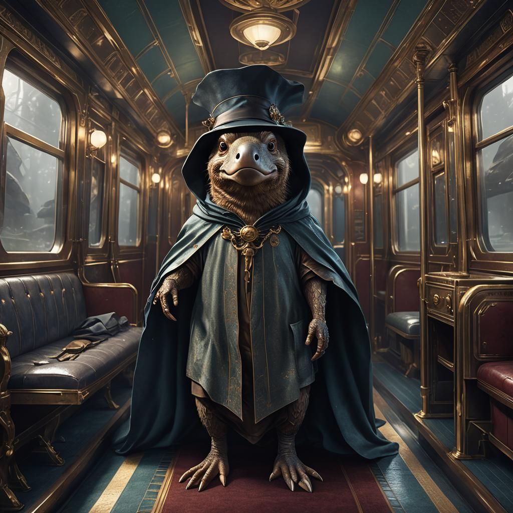 Platypus in Train Compartment: Fantasy Concept Art