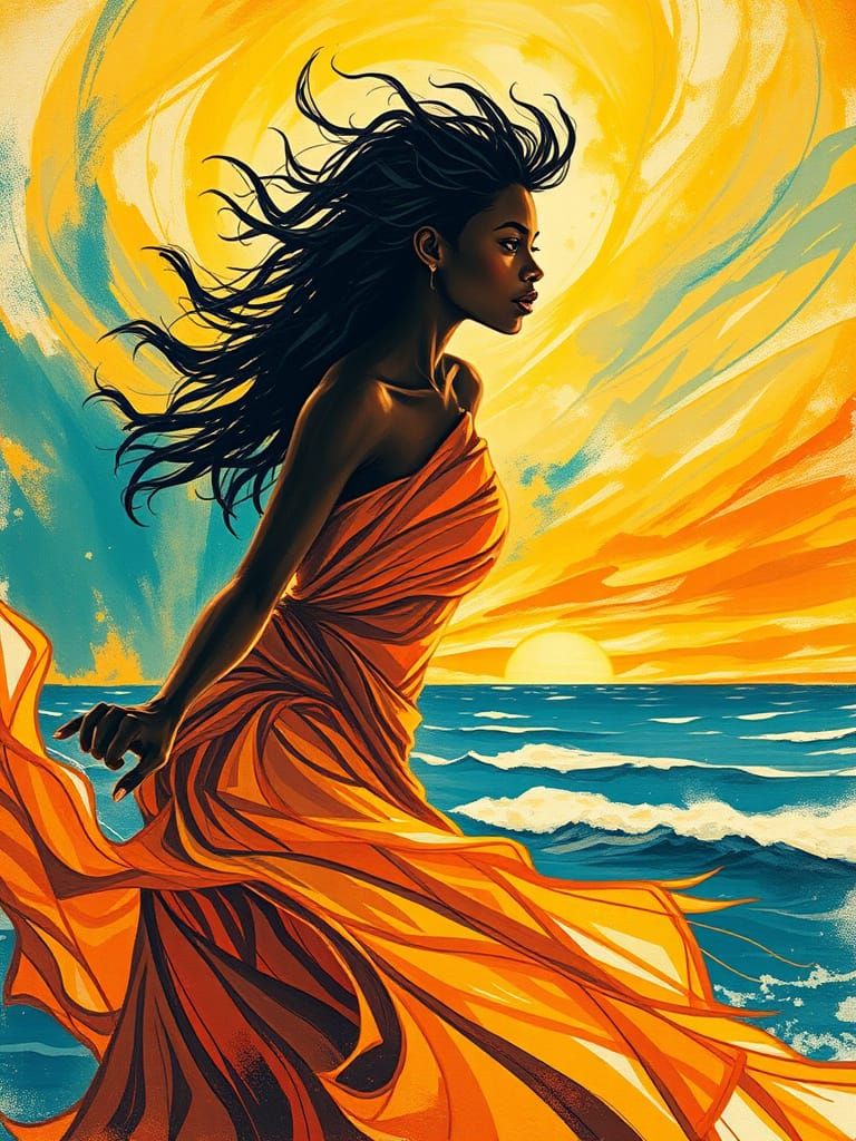 Ethereal Lady in Motion, Brilliant Sunset Seascape