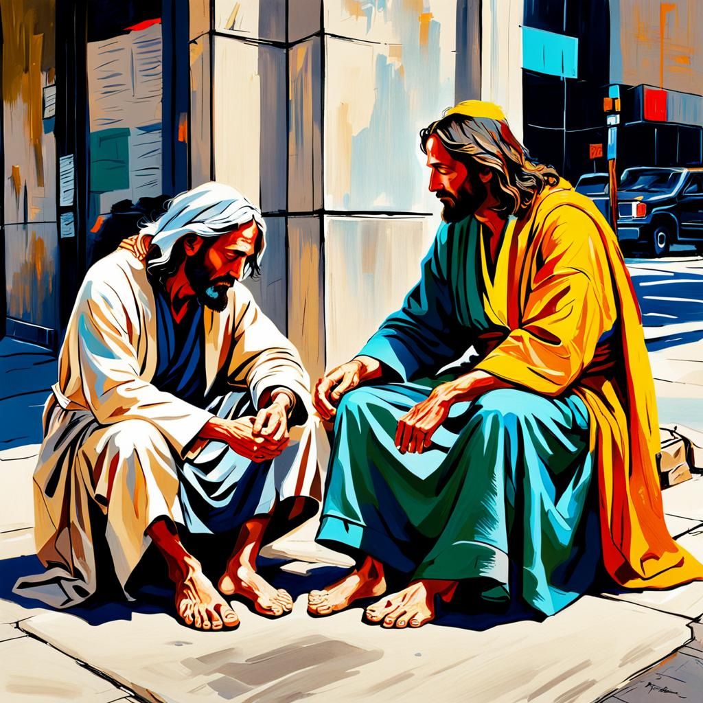 Jesus Comforts Homeless Man in Abstract Art Style