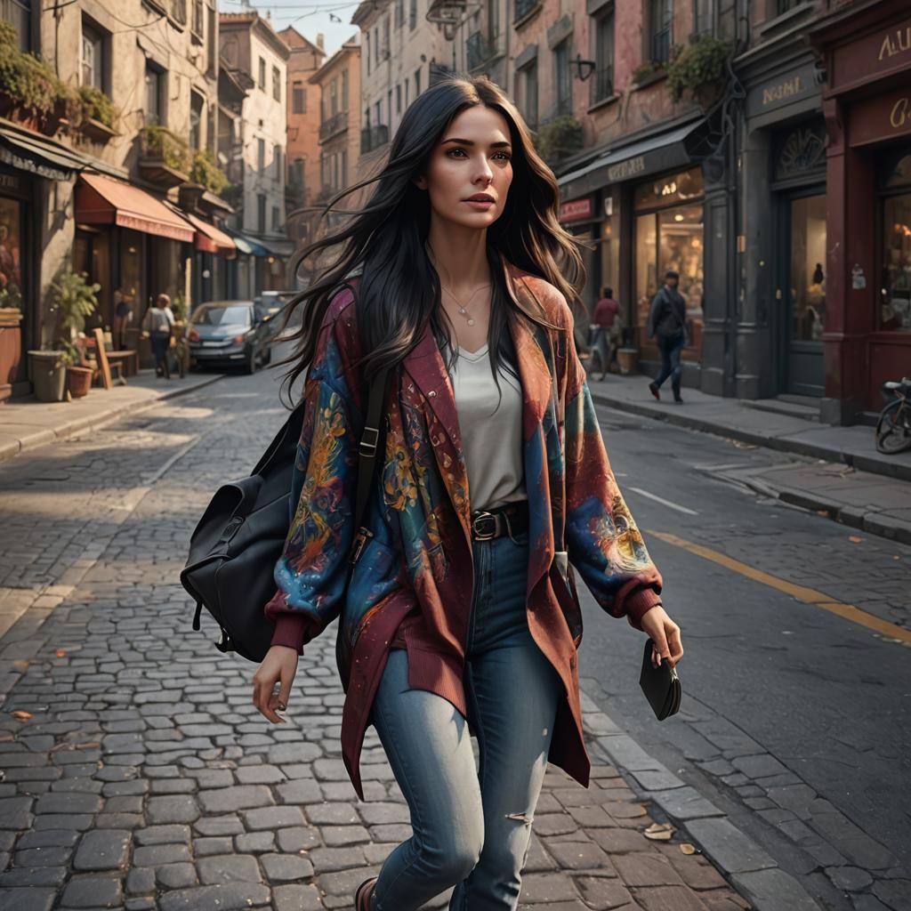 Woman Walking in Street: Photorealistic Fantasy Art