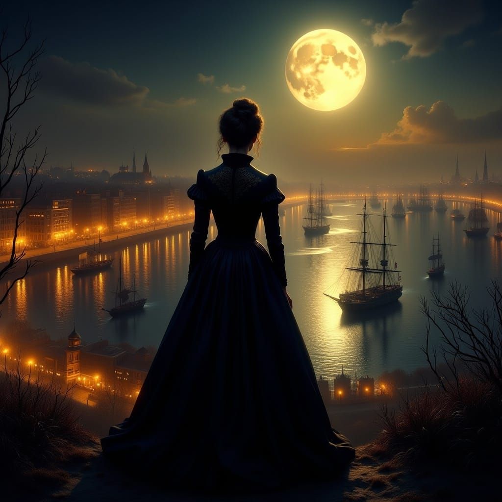 Woman Gazing at Metropolis in Golden Light