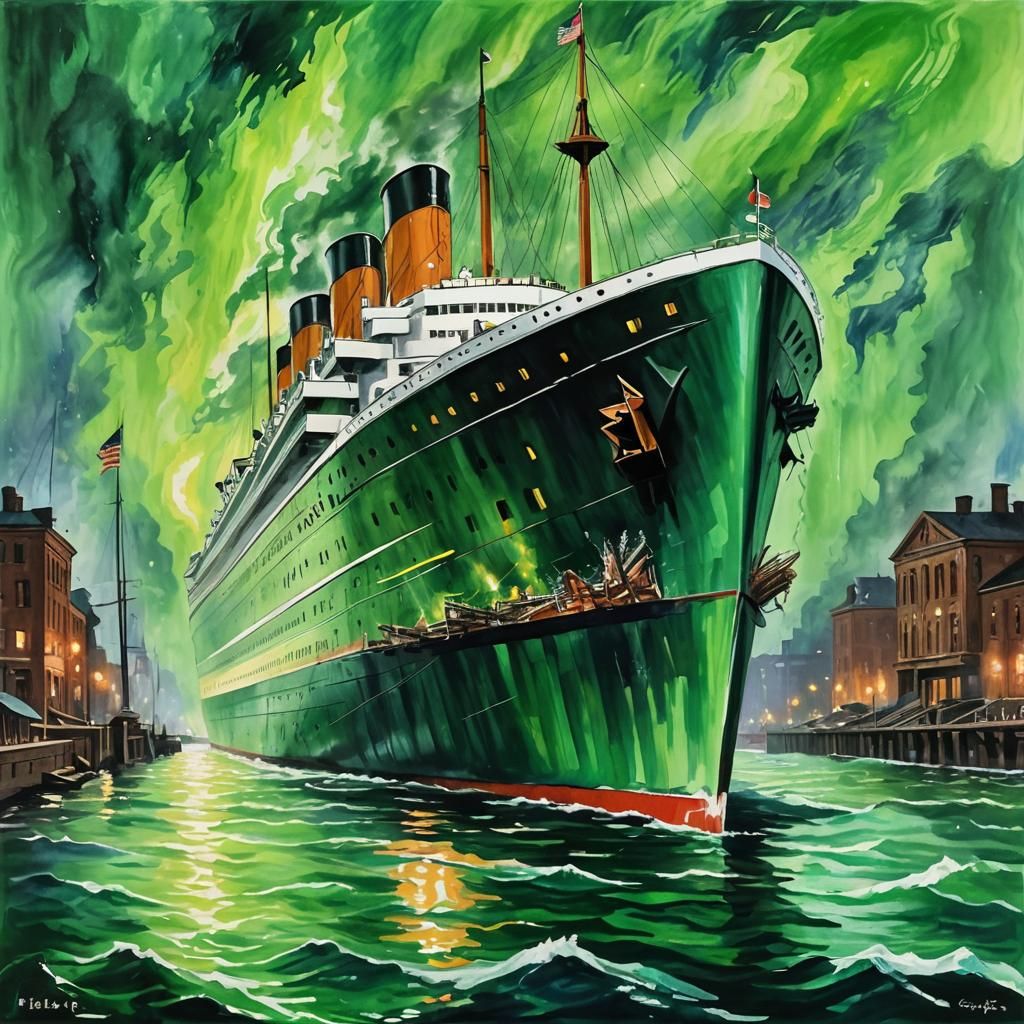 Titanic with Glowing Green Ghosts, Gouache Impressionist Sty...