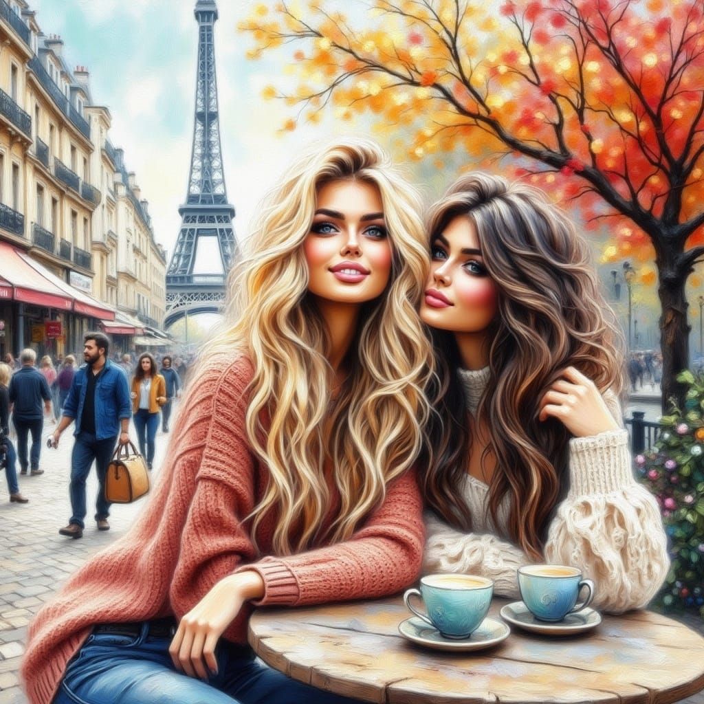 Parisian Cafe Scene in Antique Watercolor Style