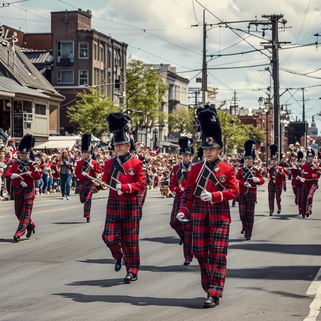 Marching Band in Plaid Uniforms Performing