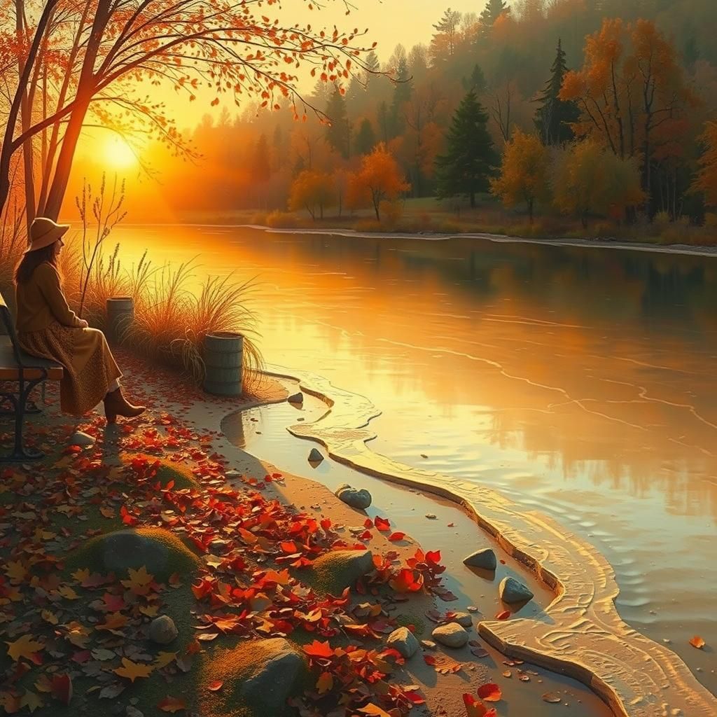 Autumn River Scene in Impressionistic Style