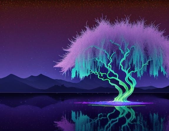 Bioluminescent Willow Tree in Lake, Magritte Aesthetic