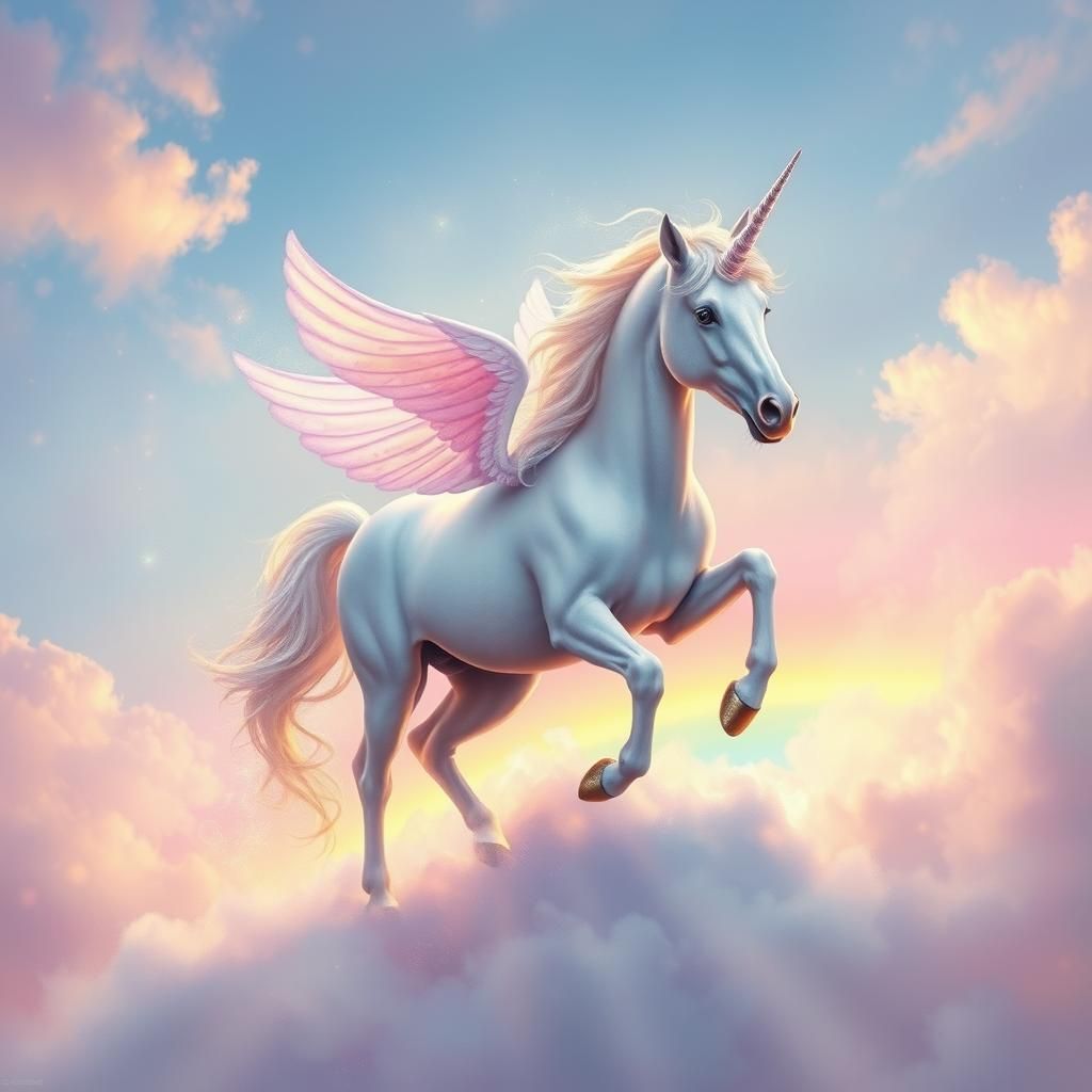 Majestic Unicorn Leaping Across Rainbow, Dreamy Oil Painting