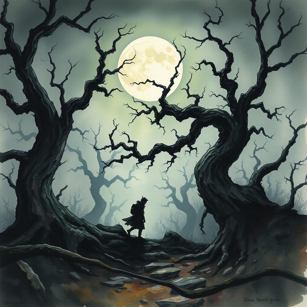 Ethereal Midnight Wanderer in Twisted Eldritch Forest